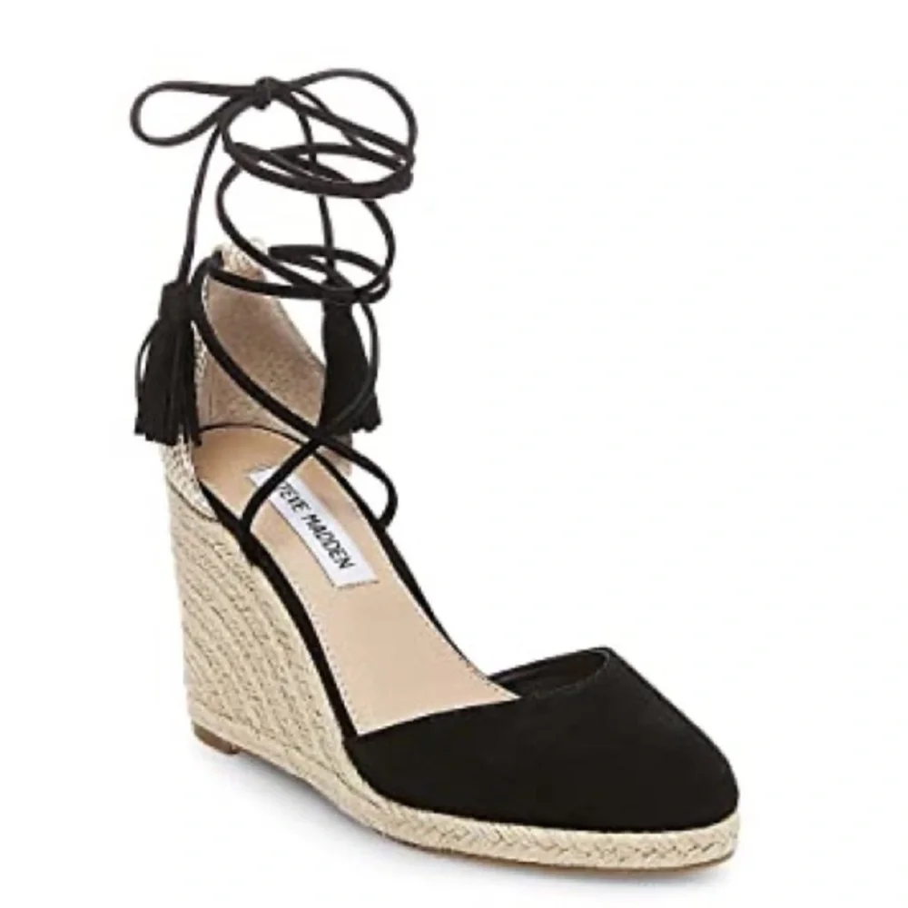 Steve Madden Black and Natural Espadrille Wedge Sandals